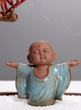 禅意新中式风复古紫砂小和尚摆件