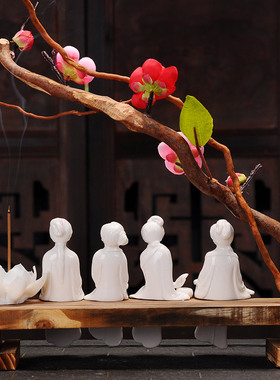 现代中式风美少女陶瓷装饰花摆件