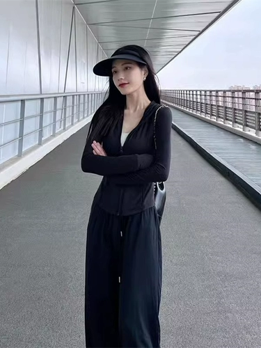 Весенняя черная шелковая одежда для защиты от солнца, спортивный костюм, комплект, городской стиль