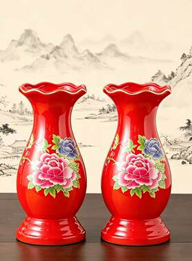 中式陶瓷供佛红釉插花莲花瓶