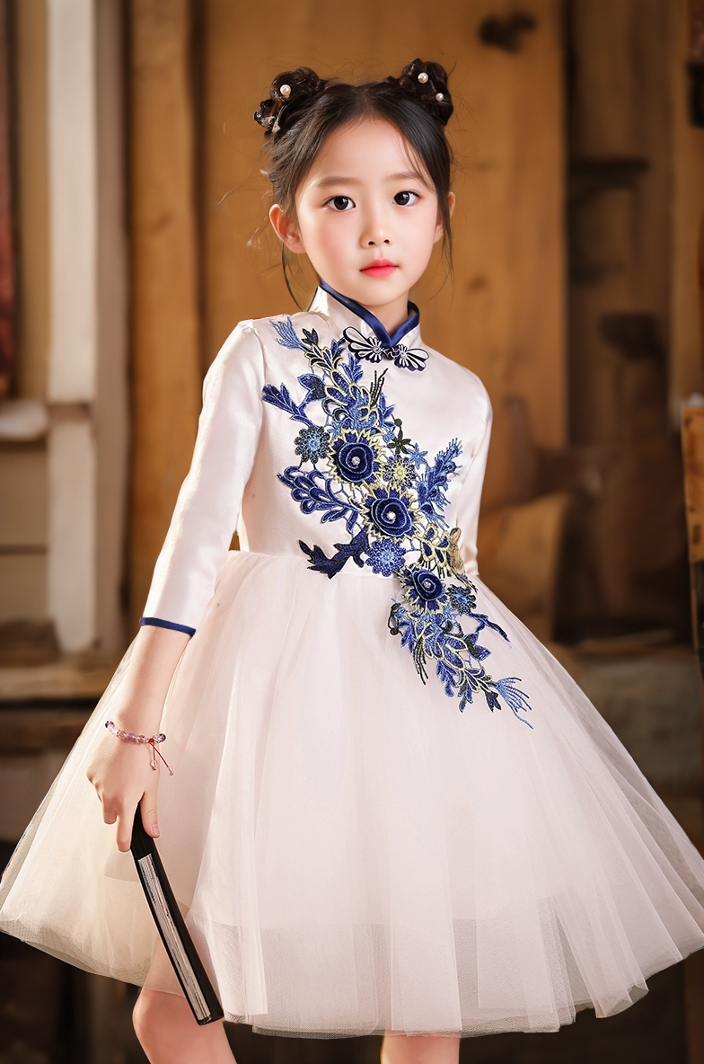 新款六一儿童青花瓷表演服男女童幼儿园舞蹈朗诵合唱服纱裙中国风
