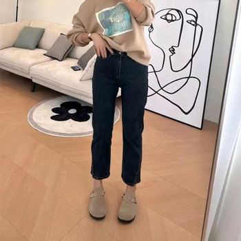 Spring New Plus Size Women's High Waist Elastic Pear Shape Body Jeans Fat mm Slim Straight Nine-Point Cigarette Pants