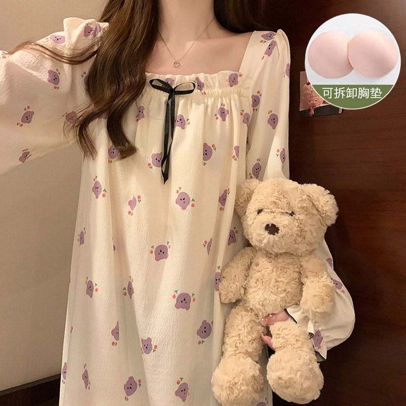 长袖睡裙女春秋季带胸垫纯棉可外穿防凸点棉纱睡衣女学生2025新款,淘宝优惠券,粉丝福利购,淘宝优惠卷