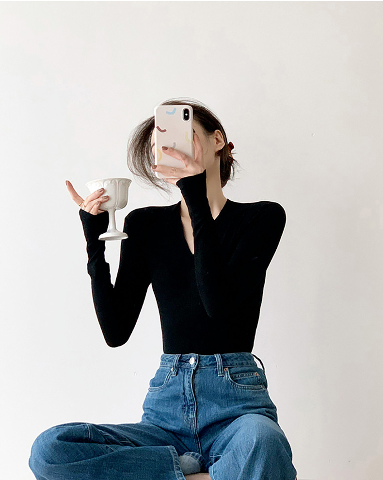 黑色V领紧身打底衫女秋冬2025新款百搭羊绒内搭毛衣修身针织上衣,淘宝优惠券,粉丝福利购,淘宝优惠卷