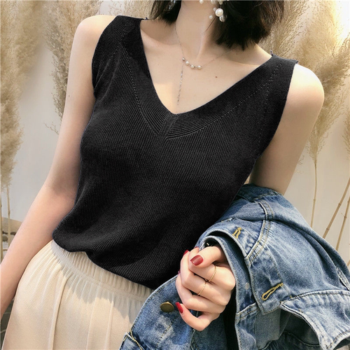 针织V领吊带背心女春夏内搭无袖针织衫心机短款打底衫薄款上衣夏 - 图0