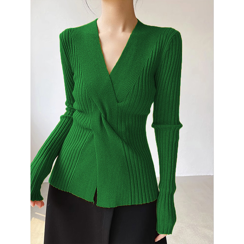 2025秋冬新款交叉V领针织衫女长袖修身打底衫毛衣设计感内搭上衣,淘宝优惠券,粉丝福利购,淘宝优惠卷