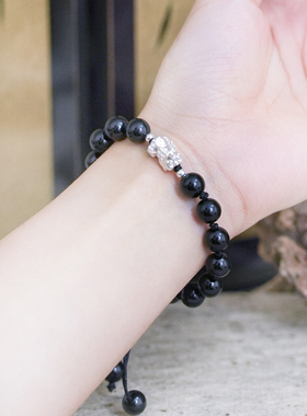 足银999貔貅黑玛瑙手链情侣款