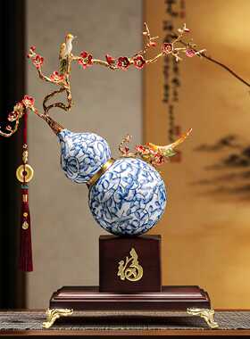 喜上眉梢青花瓷摆件高档新中式客厅电视柜酒柜装饰品乔迁新居礼品