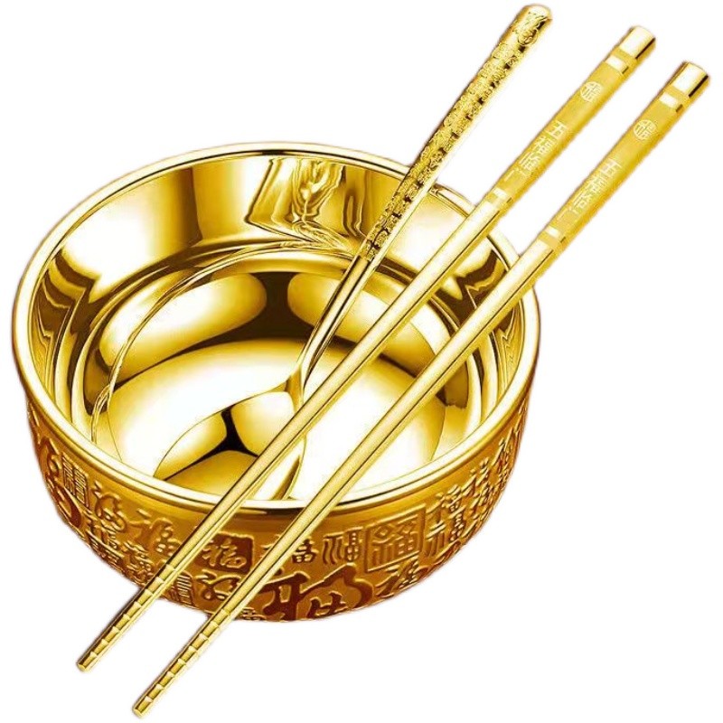 越南沙金色大号金碗筷三件套金筷子勺子摆件金色家用食用餐具套装 - 图3