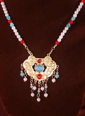 新中式马面裙配饰背云长流苏璎珞汉服旗袍古风红色喜庆项圈项链