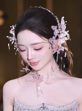 新娘头饰超仙甜美粉色羽毛发夹