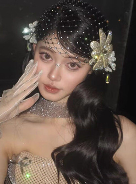 新款法式新娘头饰水钻花朵网纱发带奢华婚纱配饰舞台走秀女王冠饰