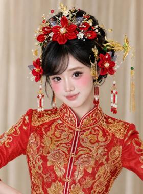 古风汉服新娘金红流苏发冠套装