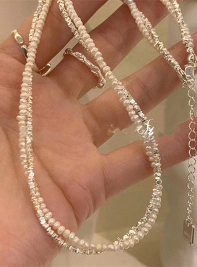 双层淡水巴洛克珍珠麻花简约S925通体纯银碎银几两锁骨链项链饰品