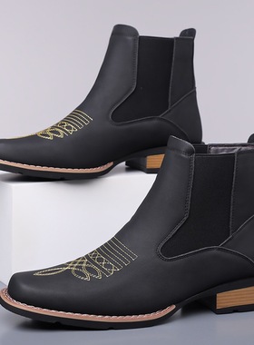 男靴Men's Embroidered Boots Slip On Ankle Boots with Golden