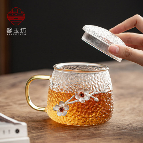 馨玉坊日式锤纹玻璃茶杯家用口杯水杯花茶茶水分离玻璃杯过滤杯子 - 图0
