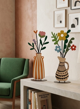 北欧风铁艺花瓶摆件客厅电视柜玄关卧室斗柜桌面原木风装饰品花朵