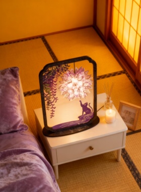 新中式紫藤花猫创意床头灯