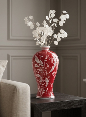 景德镇陶瓷红手绘新中式花瓶