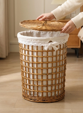 藤编带盖大容量脏衣收纳篮