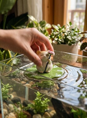 可爱小猫咪荷叶莲花古法鱼缸造景漂浮摆件龟缸水族箱微景观装饰品
