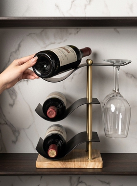 现代简约可调金属实木红酒架摆件