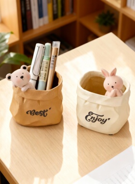 可爱卡通动物帆布桌面收纳桶摆件