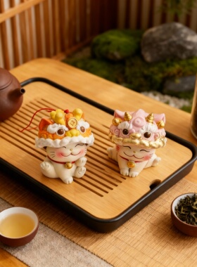 新年醒狮猫咪手工桌面摆件