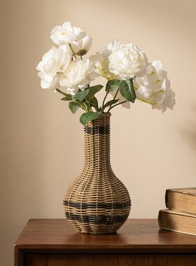 日式侘寂风藤编花瓶客厅插花