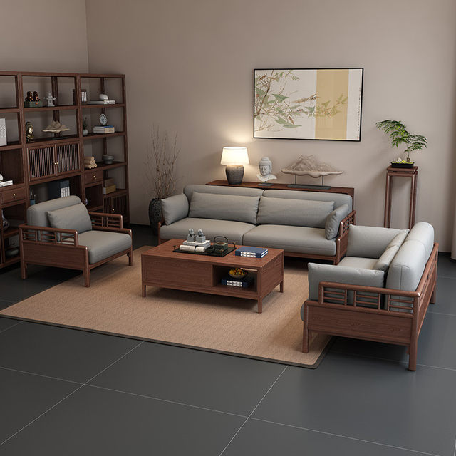 New Chinese sofa 2025 new high-end walnut living room small apartment simple fabric solid wood sofa combination