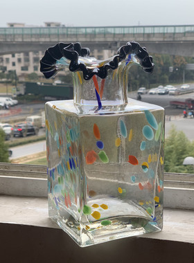 粉色花白水墨山水黑白花瓶云纹水波纹方砖花器外贸出口手工玻璃