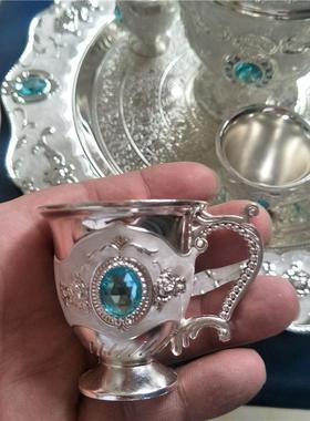 热销壶收藏杂项工艺品白色玫瑰花纹苗银套装古玩茶壶酒壶6个杯子