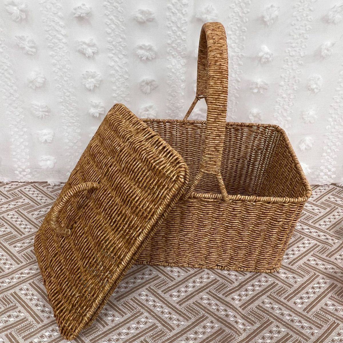 超大容量仿藤编织手提篮户外野餐采摘蔬果篮带盖购物篮田园收纳篮,淘宝优惠券,粉丝福利购,淘宝优惠卷