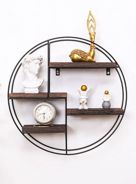 高颜值壁挂装饰圆形木质收纳架防锈铁框耐用收纳架家用背景墙装饰