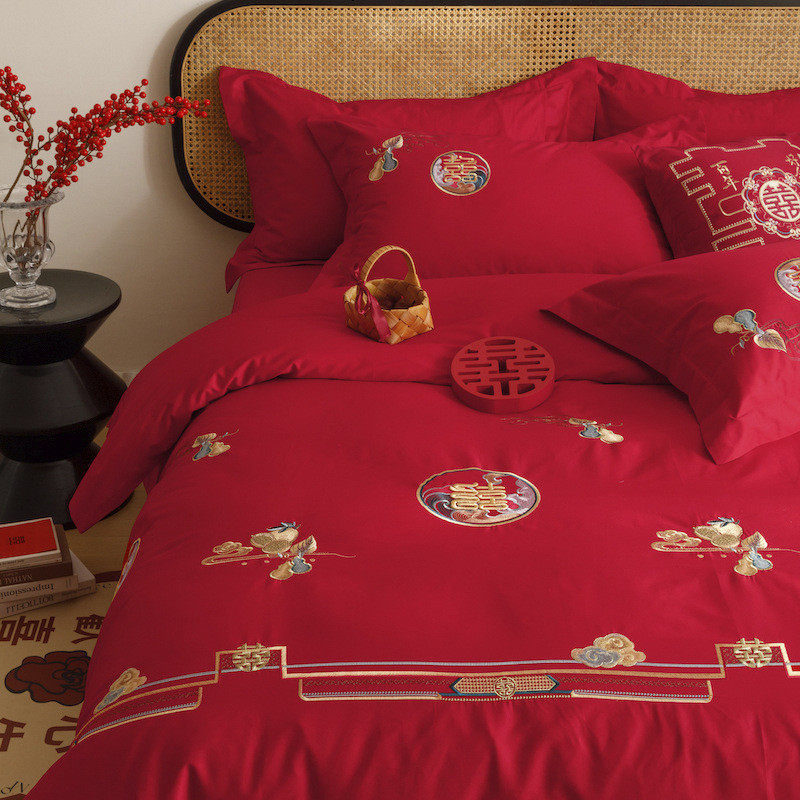 结婚床上四件套婚庆全棉床单纯棉婚床刺绣喜被被套红色绣花四件套,淘宝优惠券,粉丝福利购,淘宝优惠卷