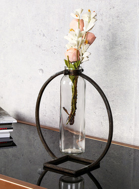 北欧创意玻璃花瓶厂家批发欧式家居摆件几何ins创意铁艺透明花瓶