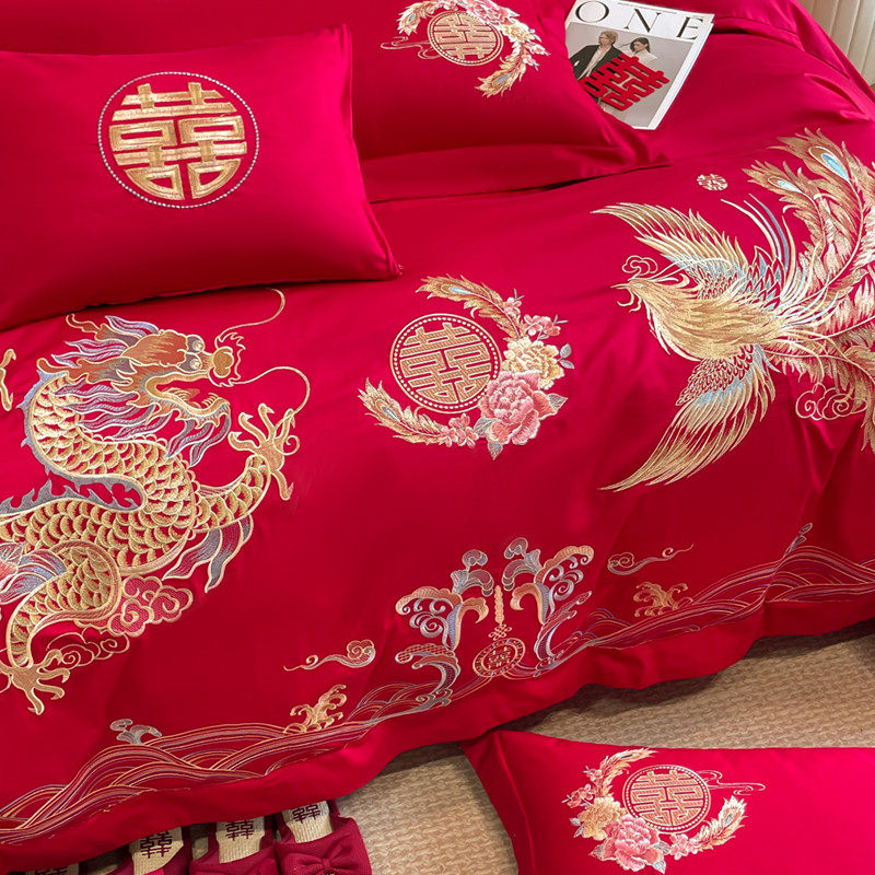 高档中式180支结婚四件套红色龙凤刺绣纯棉全棉被套床单婚庆床品4,淘宝优惠券,粉丝福利购,淘宝优惠卷