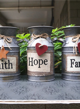 法式乡村风铁皮锈迹花园壶铁桶/样板房摆设/花装饰品双把手奶壶