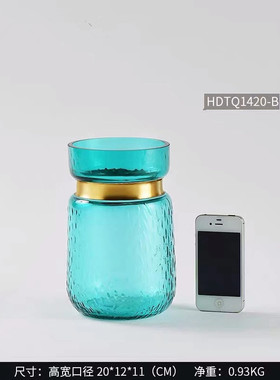 【花点七】弘纹理蓝色花瓶玻璃瓶北欧彩色玻璃花瓶家居装饰摆件