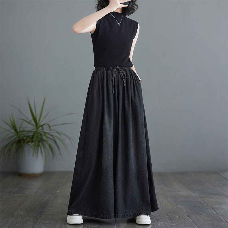 牛仔阔腿裤女夏季百搭垂感长裤宽松大码松紧腰系带裤裙潮,淘宝优惠券,粉丝福利购,淘宝优惠卷