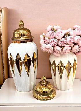 热销储物罐欧式花插陶瓷轻奢电镀将军罐花瓶工艺品摆件玄关软装装