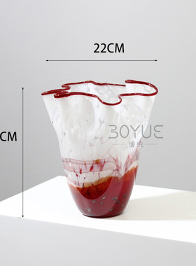橘风不规则花瓣口琉璃花瓶重工琥珀中古渐变褶皱大口径花软装摆件