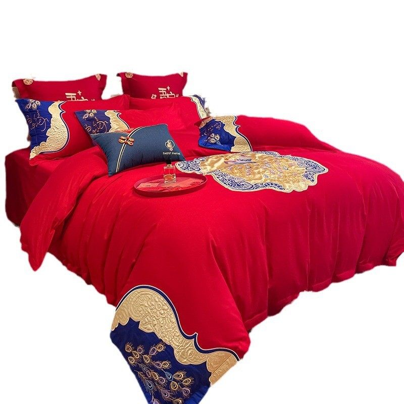 长绒棉婚庆四件套国潮风刺绣牛仔中式红色结婚床单婚嫁床上用品,淘宝优惠券,粉丝福利购,淘宝优惠卷