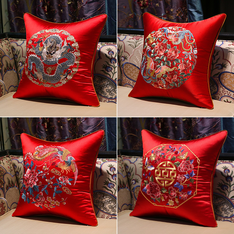 c4wb新中式抱枕红木沙发靠垫风刺绣大靠枕红色婚庆喜字枕头套结婚 - 图2
