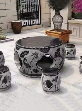 石桌石凳石雕桌子天然青石仿古圆桌凳子庭院户外花园公园石头桌椅