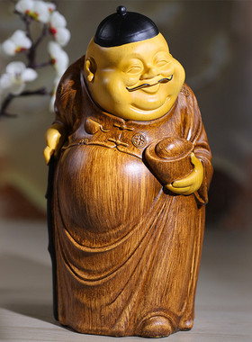 热销高端中式地主摆件客厅财神爷雕塑仿木雕茶几博古架装饰品桌面