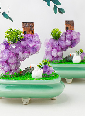 热销跨境热销天然紫晶水晶盆景创意手工牙花工艺品办公桌面装饰摆