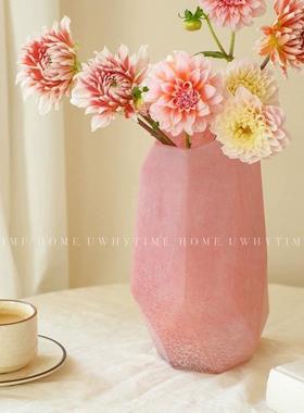 花器几何磨砂肌理玻璃花瓶北欧中古风粉色ins装饰摆件批发