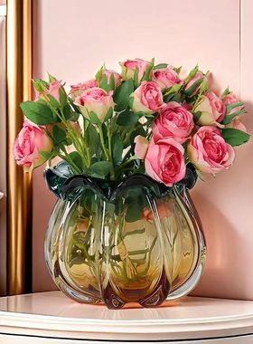 热销高档琥珀色琉璃艺术花瓶摆件现代简约餐桌花艺几整体软装边角