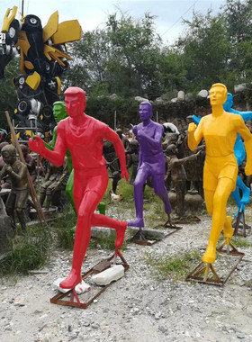 热销玻璃钢雕塑彩绘抽象人物雕塑跑步户外运动员城市体育场景观摆